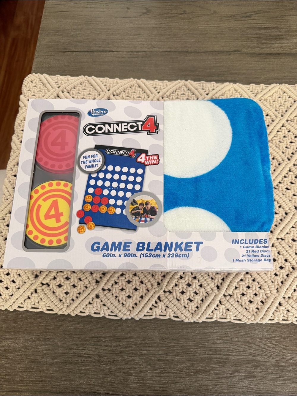 Hasbro Connect 4 Blue & White Game Blanket with Red and Yellow Discs